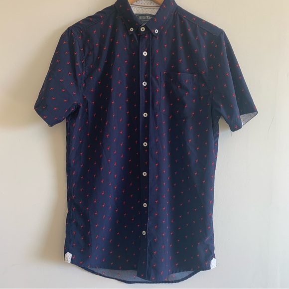 Report Collection Navy Flamingo Button Front Short Sleeve Shirt - Picture 3 of 13